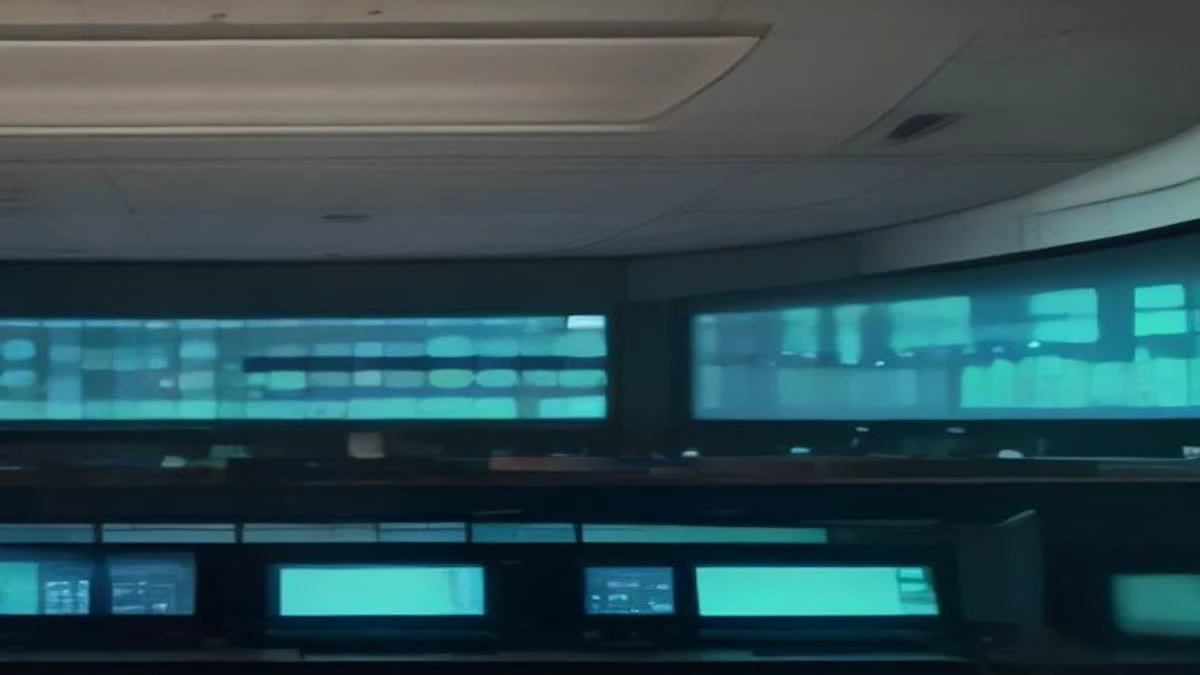 wide establishing shot of a control room with monitors showing abstract dashboards, no readable text, soft morning light